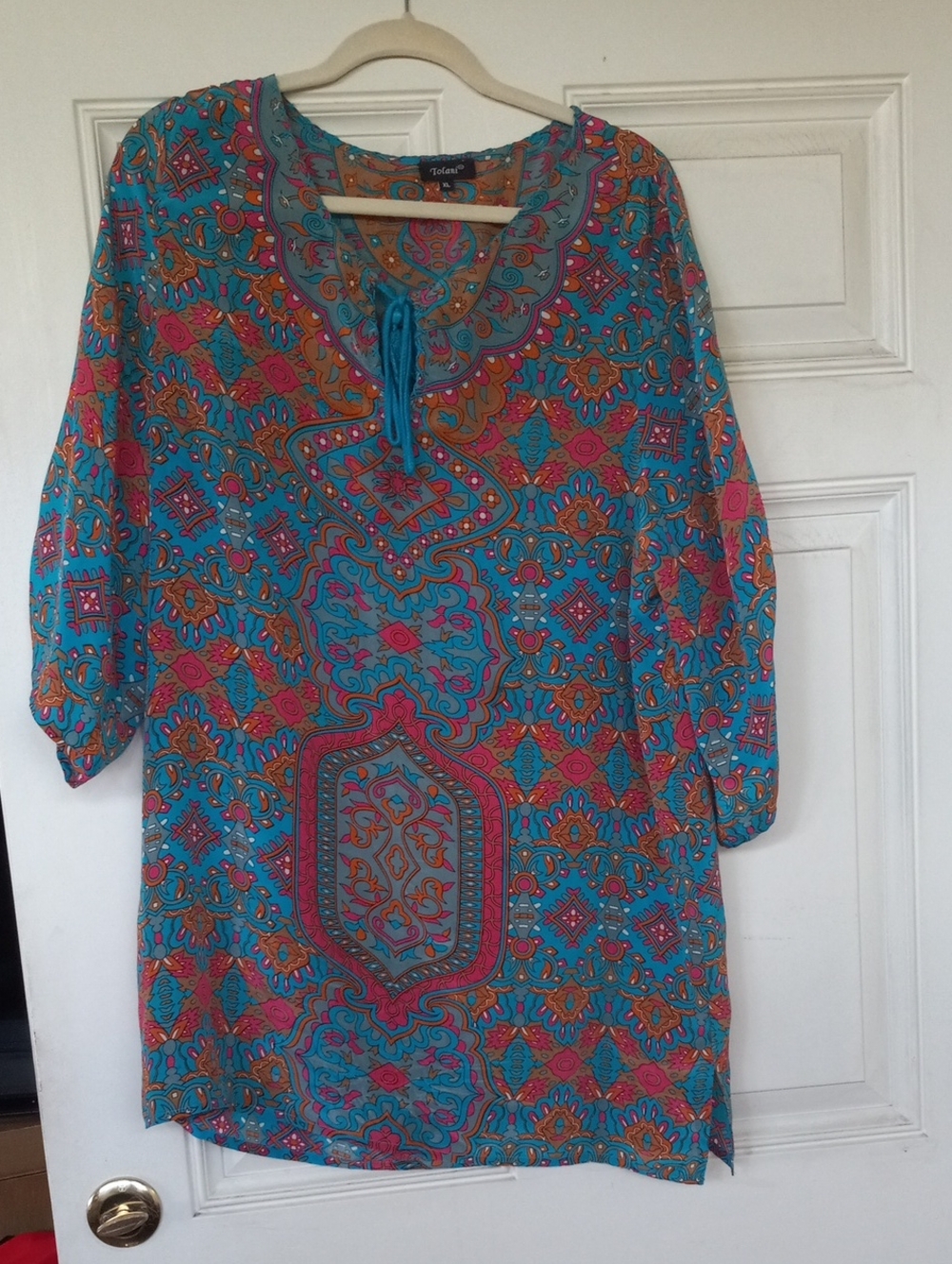 Tolani XL Teal 100% Silk Blue Paisley Tunic Top with Tie Neck